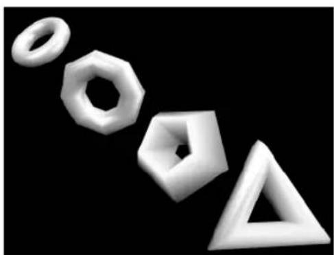 Abstract 3D geometric shapes including torus, octagon, pentagon, and triangle on black background (no text or symbols)