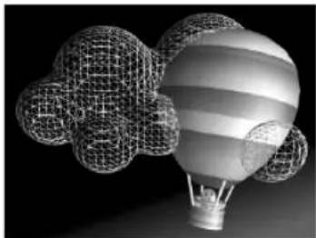 3D illustration of a hot air balloon with a mesh netted cloud above it, symbolizing environmental or energy themes (no text or symbols present)