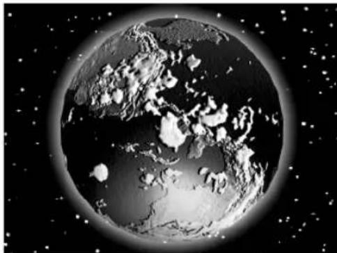 Black-and-white illustration of Earth from space, showing continents and cloud cover against a starry background (no text or symbols)