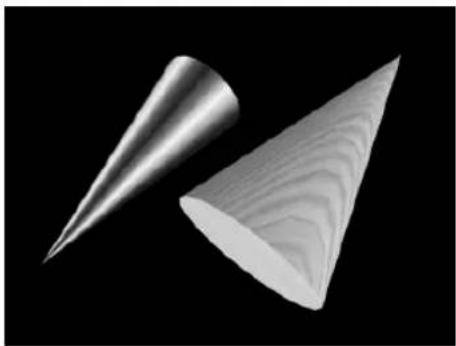Two metallic cone-shaped objects against a black background, one with smooth shading and the other with visible grain texture (no text or symbols)