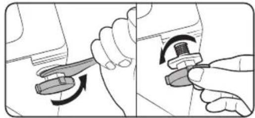 Illustration of a hand using a tool to adjust a mechanical component, showing two states of motion.