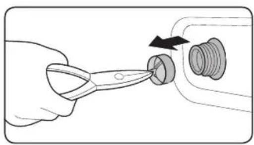 Illustration of a hand using scissors to cut a component with a directional arrow (no text or symbols)