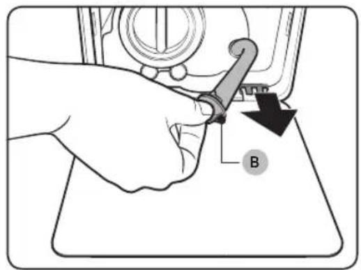 Diagram showing a hand using a tool to adjust a component labeled 'B', with an arrow indicating the process.