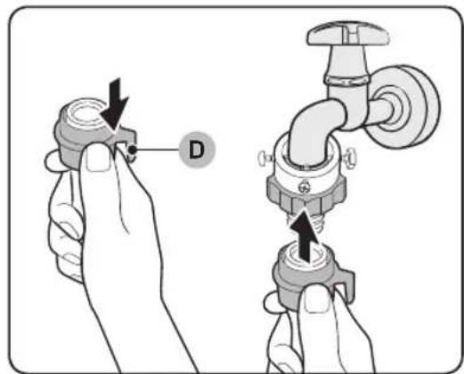 Diagram showing two hands adjusting a valve with labeled component D, illustrating the process of adjustment or repair.