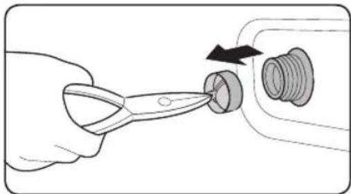 Illustration of a hand using scissors to adjust a component with a magnified inset showing threaded parts. No text or symbols.