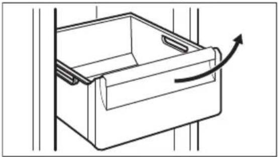 Line drawing of a refrigerator interior with an arrow indicating rotation (no text or symbols).