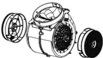 Exploded view diagram of a mechanical device showing internal components and housing (no text or labels)