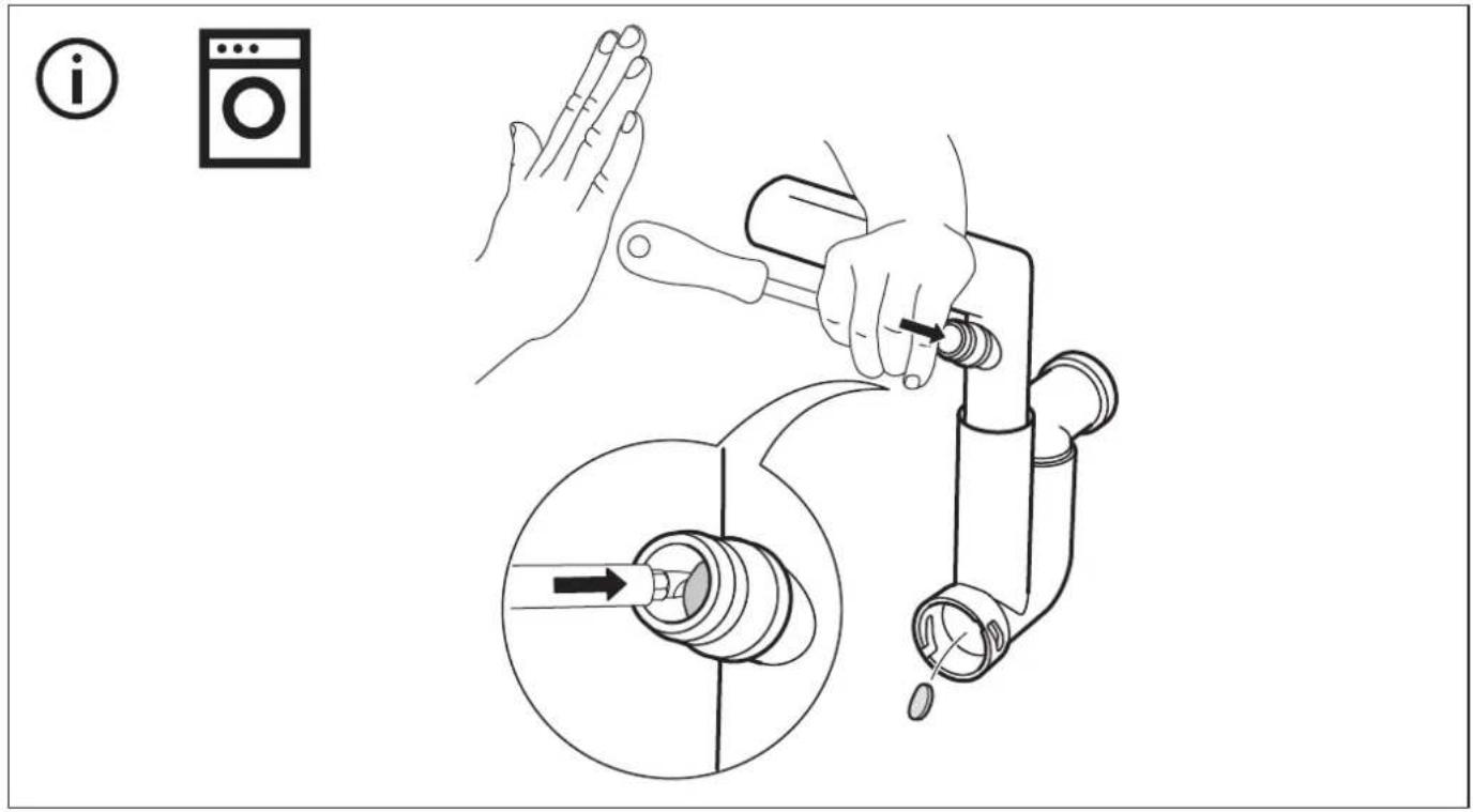 Schéma illustrant une main actionnant un outil de machine à laver, avec un encart montrant le processus et une icône de machine à laver.