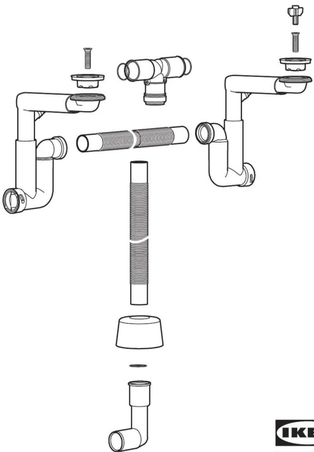 Vue éclatée d'un système de plomberie montrant des raccords de tuyaux, des tubes et des accessoires (sans texte ni étiquettes).