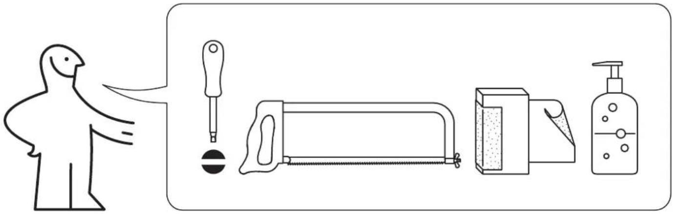 Illustration montrant une personne utilisant un outil pour couper une scie et se laver, avec des composants étiquetés comprenant un compte-gouttes, un objet circulaire, une poignée, une barre de sable et une bouteille.
