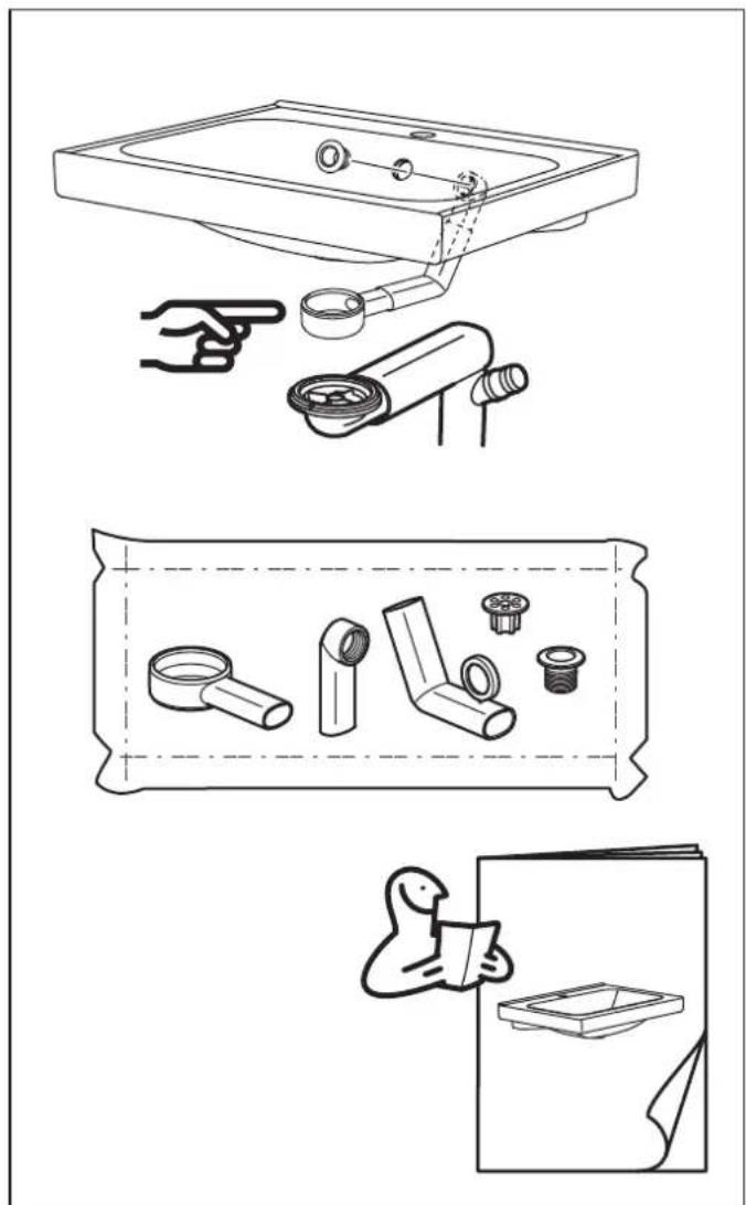 Diagramme technique illustrant trois étapes de l'installation d'un lavabo de salle de bain : nettoyage, assemblage et finition.