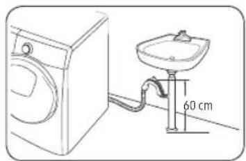 Line drawing of a washing machine next to a sink with a 60 cm pipe, no text or symbols present
