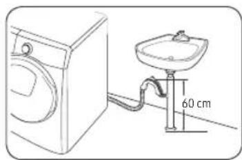 Line drawing of a washing machine next to a sink with a 60 cm height dimension (no text or symbols)