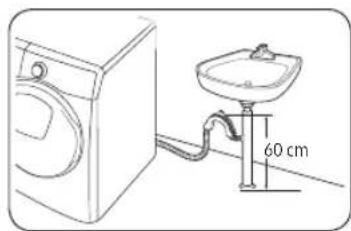 Line drawing of a washing machine next to a sink with 60 cm height dimension.