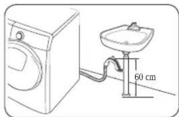 Line drawing of a washing machine next to a sink with a 60 cm height pipe (no text or symbols).