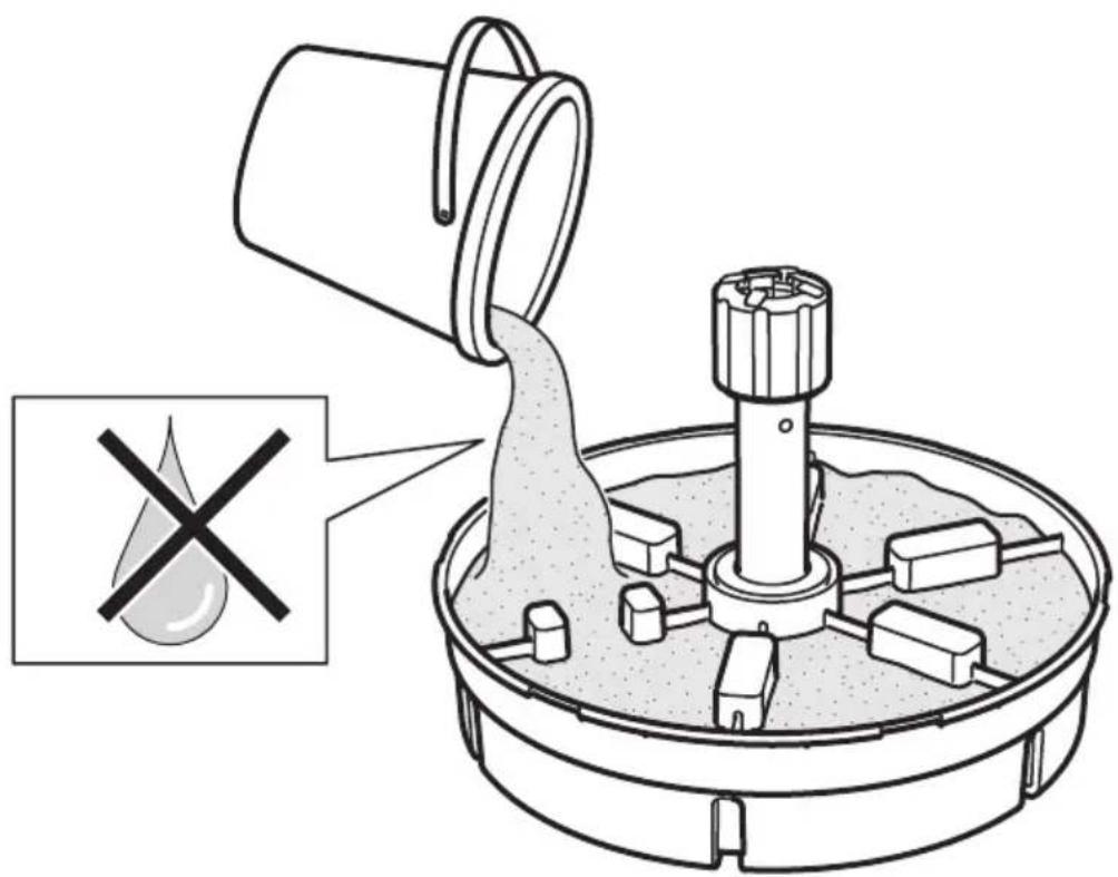 Diagramme illustrant un processus mécanique ou de nettoyage avec un seau versant un liquide dans un récipient, accompagné d'une icône d'instruction et d'un symbole 'X'.