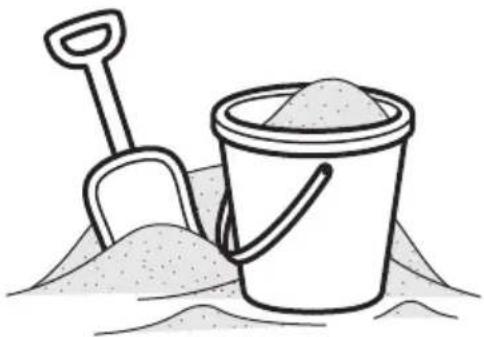 Dessin au trait d'un seau de sable avec une pelle et un tas de sable (sans texte ni symboles)