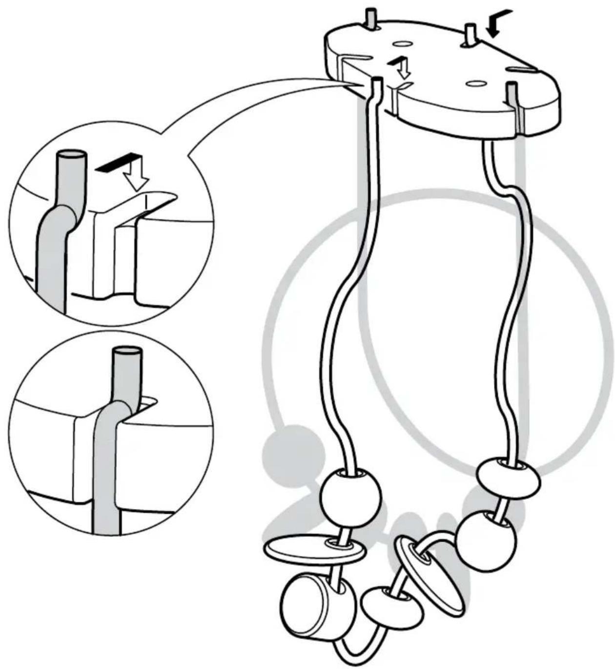 Diagramme illustrant un assemblage mécanique avec des pièces étiquetées et des flèches directionnelles, montrant les composants structurels et les trajectoires de mouvement.