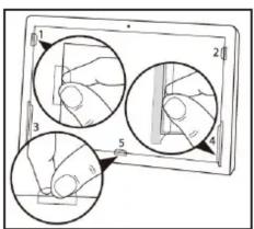 Diagram illustrating hand positioning and movement of a device with numbered annotations and circular insets showing positions.