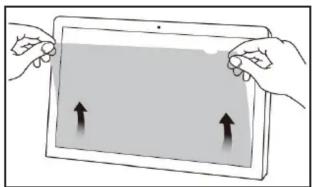 Illustration of two hands holding a tablet with two arrows pointing upward (no text or symbols)