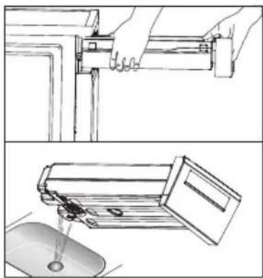 Technical line drawing showing two steps of a mechanical assembly: one with hand pressing down on a bracket, the other with a drop and liquid level (no text or symbols)