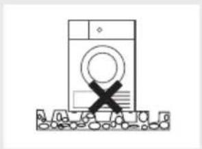 Simple line drawing of a washing machine with a cross symbol on the floor, no text or symbols present.