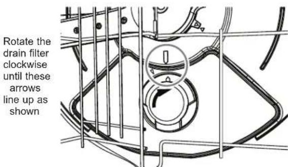 Rotate the drain filter clockwise until these arrows line up as shown