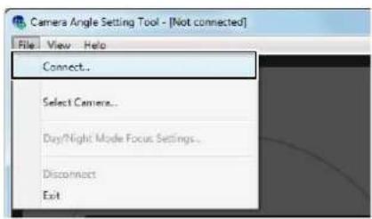 Camera Angle Setting Tool - [Not connected] File View Help Connect.. Select Camera.. Day/Night Mode Focus Settings.. Disconnect Exit