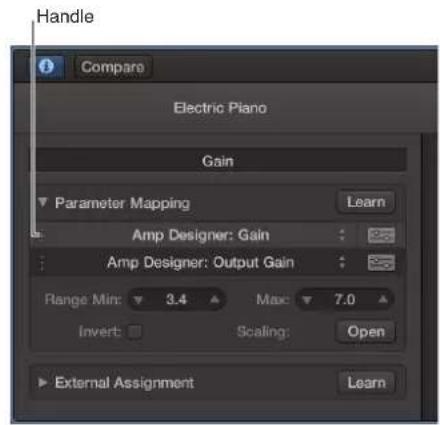 Handle Compare Electric Piano Gain Parameter Mapping Learn Amp Designer: Gain Amp Designer: Output Gain Range Min: 3.4 Max: 7.0 Invert Scaling: Open External Assignment Learn