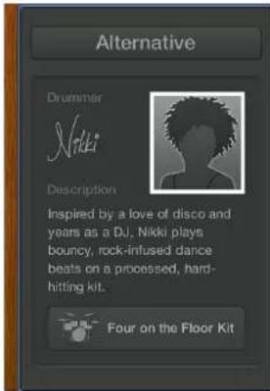 Alternative Drummer Nikki Description Inspired by a love of disco and years as a DJ, Nikki plays bounce, rock-infused dance beats on a processed, hard- hitting kit. Four on the Floor Kit