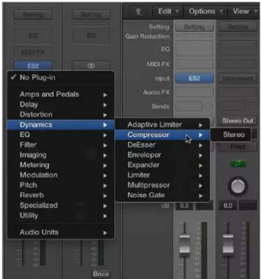 Settings, EQ, MIDI FX, ES2, No Plug-in, Amps and Pedals, Delay, Distortion, Dynamics, EQ, Filter, Imaging, Metering, Modulation, Pitch, Reverb, Specialized, Utility, Audio Units, Adaptive Limiter, Compressor, DeEsser, Envelope, Expander, Limiter, Multipressor, Noise Gate, Audio FX, Sends, ES2, Instr…
