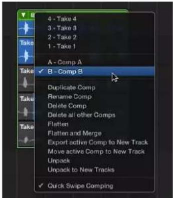4 - Take 4 3 - Take 3 2 - Take 2 1 - Take 1 A - Comp A ✓ B - Comp B Duplicate Comp Rename Comp Delete Comp Delete all other Comps Flatten Flatten and Merge Export active Comp to New Track Move active Comp to New Track Unpack Unpack to New Tracks ✓ Quick Swipe Comping