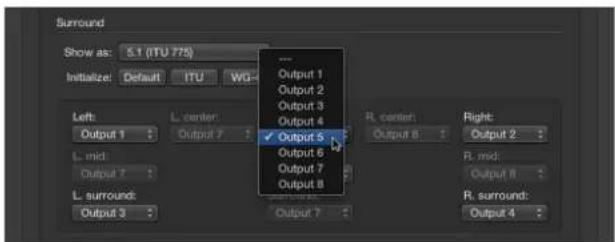 Surround Show as: 5.1 (ITU 775) Initialize: Default ITU WG- Left: Output 1 L center: Output 7 L mid: Output 7 L surround: Output 3 Output 1 Output 2 Output 3 Output 4 Output 5 Output 6 Output 7 Output 8 R. center: Output 8 Right: Output 2 R. mid: Output 8 R. surround: Output 4