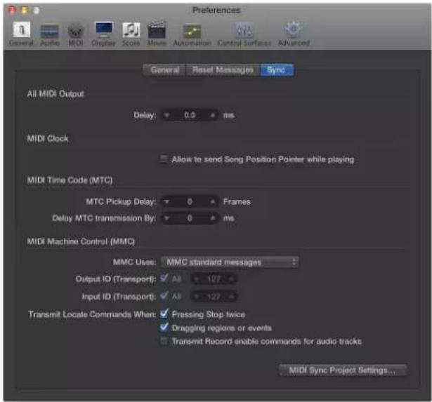 Preferences General Audio MIDI Display Score Movie Automation Control Surfaces Advanced General Reset Messages Sync All MIDI Output Delay: 0.0 ms MIDI Clock Allow to send Song Position Pointer while playing MIDI Time Code (MTC) MTC Pickup Delay: 0 Frames Delay MTC transmission By: 0 ms MIDI Machine…
