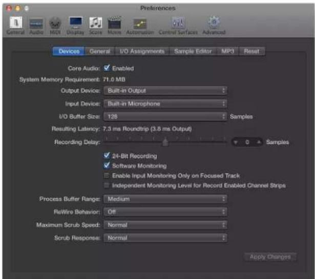 Preferences General Audio MIDI Display Score Movie Automation Control Surfaces Advanced Devices General I/O Assignments Sample Editor MP3 Reset Core Audio: Enabled System Memory Requirement: 71.0 MB Output Device: Built-in Output Input Device: Built-in Microphone I/O Buffer Size: 126 Samples Resulti…