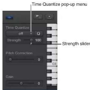 Time Quantize pop-up menu Time Quantize off Q Strength 100 Strength slider Pitch Correction 0 Gain 0