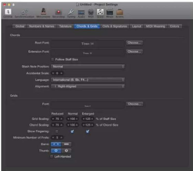 Untitled - Project Settings General Synchronization Metronome Recording Tuning Audio MIDI Score Movie Assets Global Numbers & Names Tablature Chords & Grids Clefs & Signatures Layout MIDI Meaning Colors Chords Root Font: Times 14 Choose... Extension Font: Times 0 Choose... Follow Staff Size Slash No…