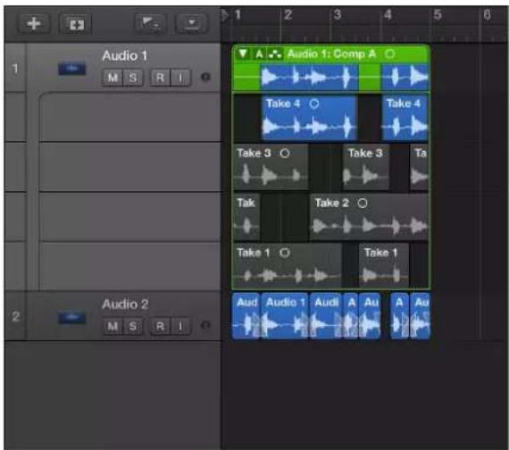 Audio 1 Audio 1: Comp A Take 4 Take 4 Take 3 Take 3 Ta Take Take 2 Take 1 Take 1 Audio Audio 1 Audi A Au A Au Audio 2 M S R I