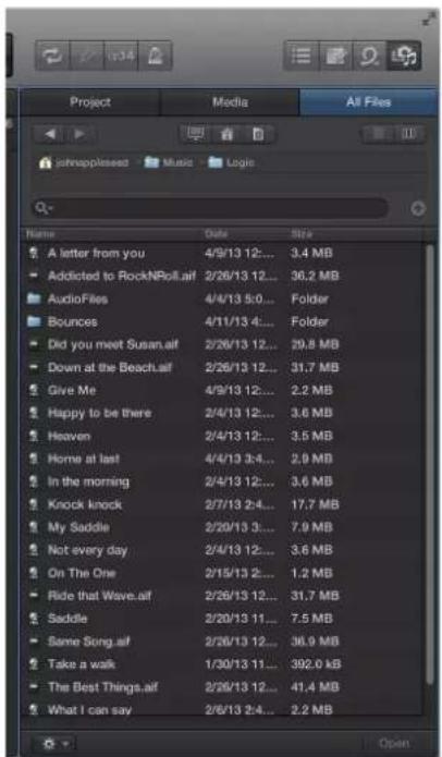 Project Media All Files: Name Date Size. A letter from you 4/9/13 12... 3.4 MB, Addicted to RockNPol.aif 2/26/13 12... 38.2 MB, AudioFiles 4/4/13 5:0... Folder, Bounces 4/11/13 4... Folder, Did you meet Susan.aif 2/26/13 12... 29.8 MB, Down at the Beach.aif 2/26/13 12... 31.7 MB, Give Me 4/9/13 12..…