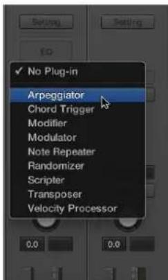 No Plug-in, Arpeggiator, Chord Trigger, Modifier, Modulator, Note Repeater, Randomizer, Scripter, Transposer, Velocity Processor.