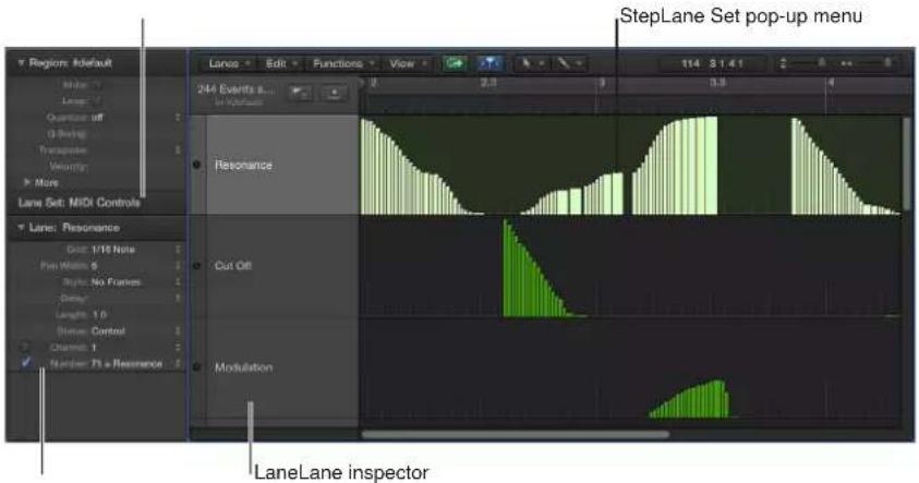 Region: Default Mile 1 Length 1 Quantise off G Swing Transpass Velocity More Lane Set: MIDI Controls Lane: Resonance Grid: 1/16 Note Pin Width: 6 Style: No Frames Delay: 1 Length: 1.0 Status: Control Channel: 1 Number: 73 x Resonance 244 Eventa 8... in Midebox Resonance Cut Off Modulation StepLane S…