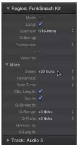 Region: FunkSmash Kit Mute: Loop: Quantize: 1/16-Note Q-Swing: Transpose: Velocity: More Delay: +30 ticks Dynamics: Gate Time: Clip Length: Score: Q-Strengths Q-Range: +0 ticks Q-Flam: +0 ticks Q-Velocity: Q-Length: Track: Audio 5