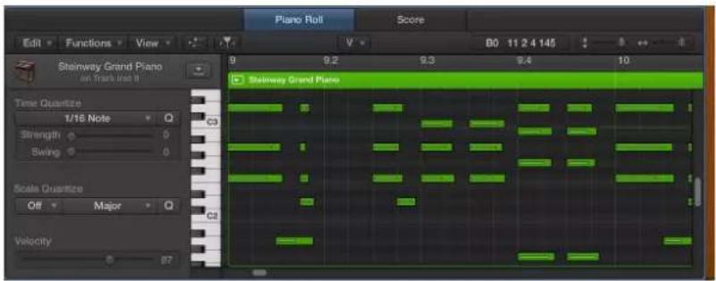 Piano Roll Edit Functions View Score Steinway Grand Piano on Track list II 9 9.2 9.3 9.4 10 Steinway Grand Piano Time Quantize 1/16 Note Q Strength 0 Swing 0 Scale Quantize Off Major Q Velocity 87