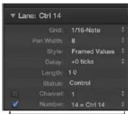 Lane: Ctrl 14 Grid: 1/16-Note Pan Width: 8 Style: Framed Values Delay: +0 ticks Length: 10 Status: Control Channel: 1 Number: 14 = Ctrl 14