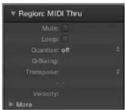 Region: MIDI Thru Mute: Loop: Quantize: off Or-Swing: Transpose: ... Velocity: More