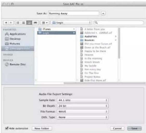 Save AAF file as Save As: Running Away FAVORITES Applications Desktop Pictures John's papers SHARED DEVICES Remote Disc iTunes Logic A letter from you Addicted x...cknRoll.aff AudioFiles Bounces Did you meet Suran.aff Down at the Beach.aff Happy to be there Heaven Is the morning Knock knock My Saddl…