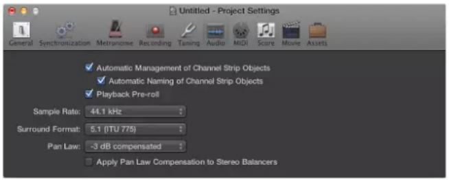 Untitled - Project Settings General Synchronization Metronome Recording Tuning Audio MIDI Score Movie Assets ✓ Automatic Management of Channel Strip Objects ✓ Automatic Naming of Channel Strip Objects ✓ Playback Pre-roll Sample Rate: 44.1 kHz Surround Format: 5.1 (ITU 775) Pan Law: -3 dB compensated…