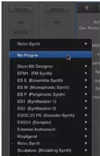 Setting, EQ, MIDI FX, Setting, EQ, Set, Gain Reduct, Retro Synth, No Plug-in, Drum Kit Designer, EFM1 (FM Synth), ES E (Ensemble Synth), ES M (Monophonic Synth), ES P (Polyphonic Synth), ES1 (Synthesizer 1), ES2 (Synthesizer 2), EVOC 20 PS (Vocoder Synth), EXS24 (Sampler), External Instrument, Klopf…