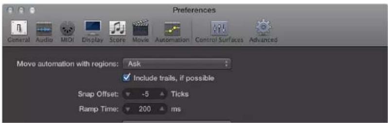 Preferences General Audio MIDI Display Score Movie Automation Control Surfaces Advanced Move automation with regions: Ask Include trails, if possible Snap Offset: -5 Ticks Ramp Time: 200 ms