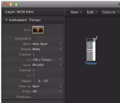 Layer: MIDI Instr. Instrument: Tempo Icon Assignable: Style: Auto Style Output: Meta Channel: 1 -1: 100 e Tempo... Input: PitchBd Channel: 1 -1: 7 Range: 0 127 Value as: bpm Filter: Off Feedback: New Edit Options Tempo